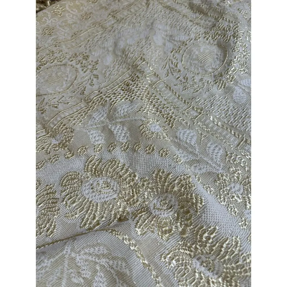 Vintage Damask Bedspread Fringesd Light yellow pale Jacquard twin/full 86x72”